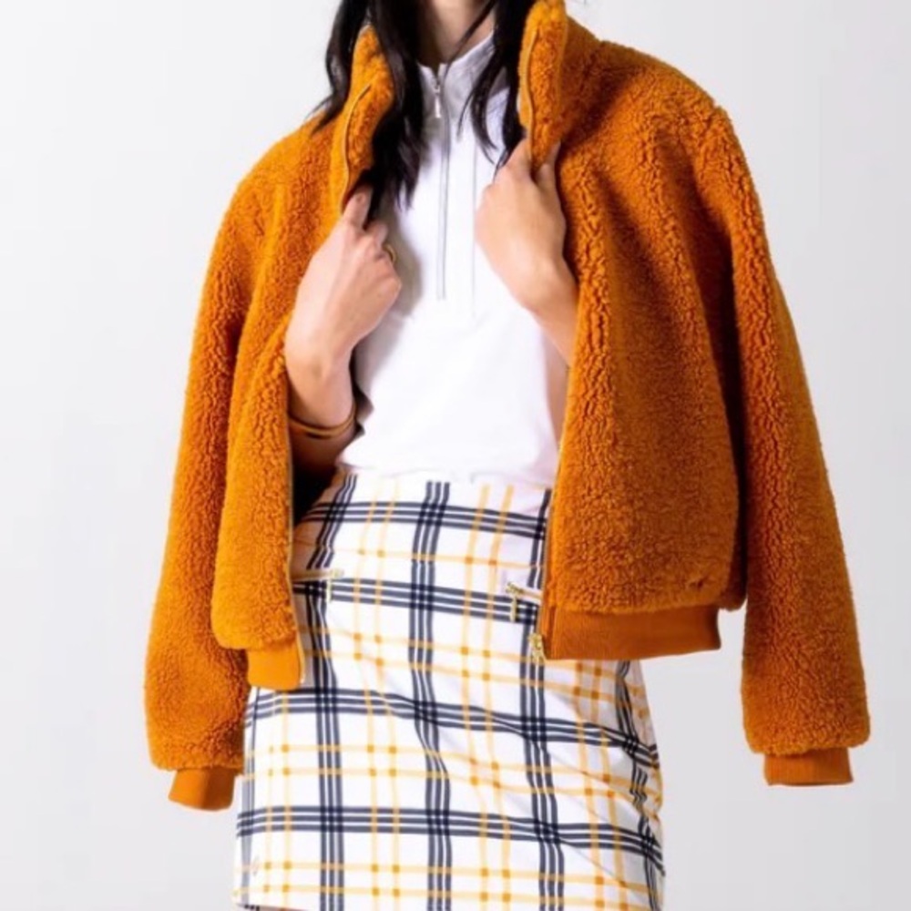 Faux Shearling fleece, Gold in color, full zip jacket with 2 pockets. NWT
